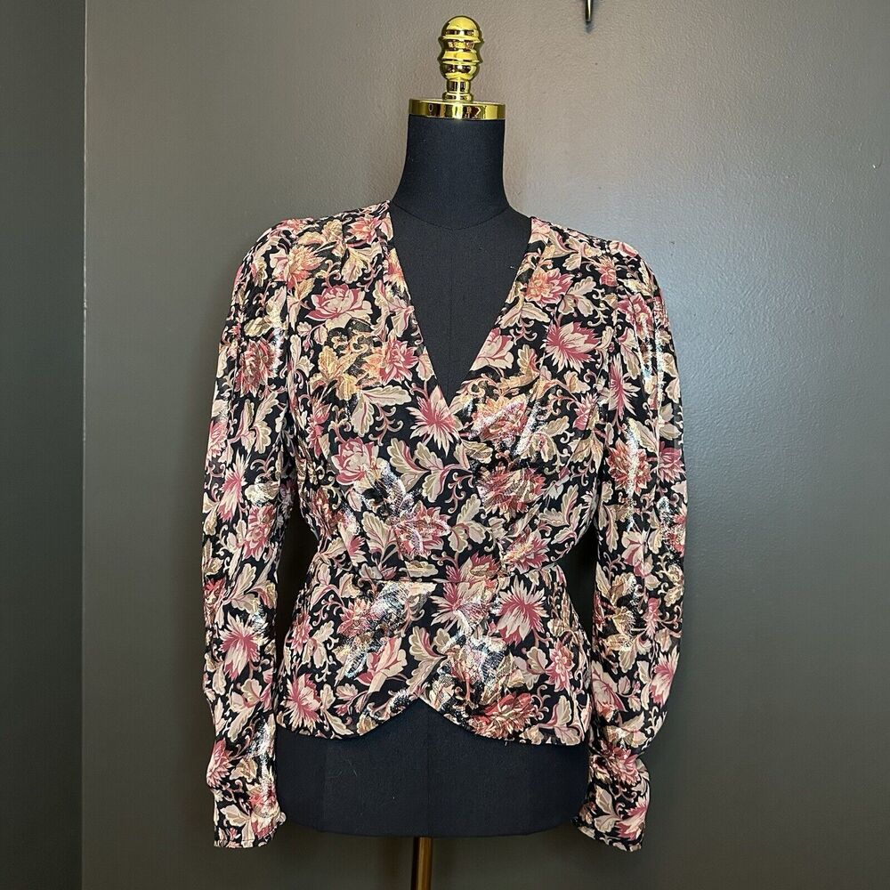 EXPRESS Womens S Small Puff Sleeve Floral Metallic Blouse Peplum Hem Shirt Top